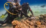 Environment Protection Minister Idit Silman, left, dives at the coral reefs in Eilat, February 6, 2023. (Omri Omsi/Israel Nature and Parks Authority)
