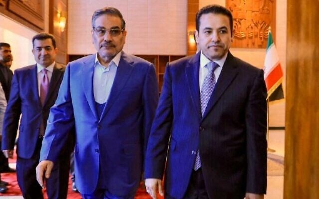 Iraq's National Security press office, Iraq's National Security Advisor Qasim al-Araji (R) meets with the Secretary of Iran's Supreme National Security Council Ali Shamkhani (C) in Baghdad on March 19, 2023. (IRAQI SECURITY MEDIA CENTRE/AFP) Iraq's National Security press office, Iraq's National Security Advisor Qasim al-Araji (R) meets with the Secretary of Iran's Supreme National Security Council Ali Shamkhani (C) in Baghdad on March 19, 2023. (IRAQI SECURITY MEDIA CENTRE/AFP)