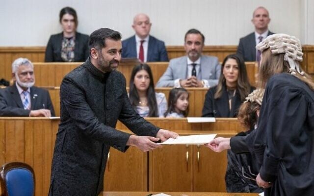 Leader of the Scottish National Party (SNP), Humza Yousaf, is sworn in as Scotland's first minister, the first Muslim in the role, at the Court of Session in Edinburgh on March 29, 2023. (Jane Barlow/Pool/AFP) Leader of the Scottish National Party (SNP), Humza Yousaf, is sworn in as Scotland's first minister, the first Muslim in the role, at the Court of Session in Edinburgh on March 29, 2023. (Jane Barlow/Pool/AFP)