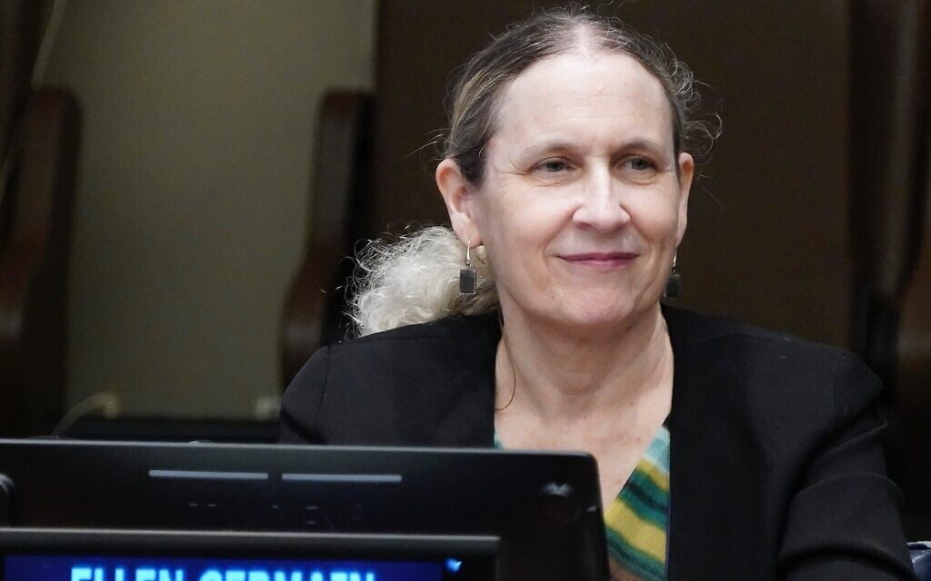 Ellen Germain, US special envoy on Holocaust issues, listens during a panel before a screening of 'The US and the Holocaust' at the United Nations in New York, February 9, 2023. (John Lamparski/Getty Images via JTA) Ellen Germain, US special envoy on Holocaust issues, listens during a panel before a screening of 'The US and the Holocaust' at the United Nations in New York, February 9, 2023. (John Lamparski/Getty Images via JTA)