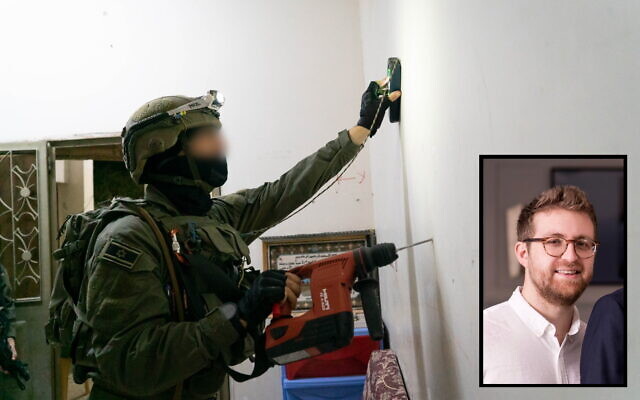 An Israeli soldier maps out the home of an alleged Palestinian terrorist who carried out a deadly shooting attack, in the Aqabat Jabr refugee camp in the West Bank, early March 6, 2023. Inset: Elan Ganeles, who was killed in the attack on February 27, 2023. (Israel Defense Forces; Courtesy of the family) An Israeli soldier maps out the home of an alleged Palestinian terrorist who carried out a deadly shooting attack, in the Aqabat Jabr refugee camp in the West Bank, early March 6, 2023. Inset: Elan Ganeles, who was killed in the attack on February 27, 2023. (Israel Defense Forces; Courtesy of the family)