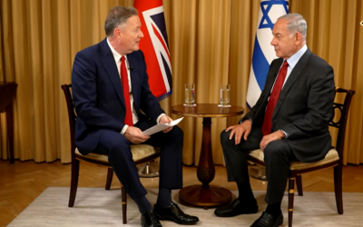 British journalist Piers Morgan (left) interviews Prime Minister Benjamin Netanyahu in London, March 25, 2023. (YouTube screenshot: Used in accordance with Clause 27a of the Copyright Law) British journalist Piers Morgan (left) interviews Prime Minister Benjamin Netanyahu in London, March 25, 2023. (YouTube screenshot: Used in accordance with Clause 27a of the Copyright Law)