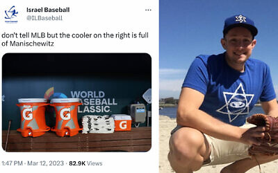 Avi Miller, right, ran Israel Baseball's Twitter account during the 2023 World Baseball Classic. (Left: Screenshot from Twitter, Right: Courtesy/via JTA)