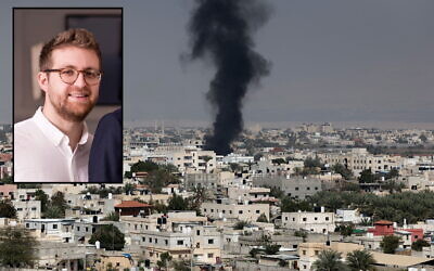 Smoke billows from the city of Jericho in the West Bank during a raid by Israeli forces targeting gunmen who carried out a deadly terrorist attack, March 1, 2023. Inset: Elan Ganeles, who was killed in the attack on February 27, 2023. (AHMAD GHARABLI / AFP; Courtesy of the family)