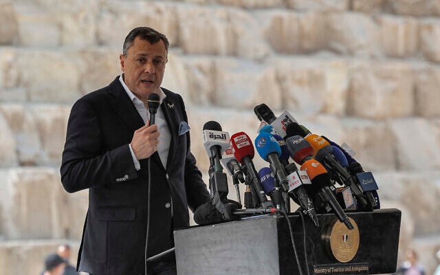 Egypt's Minister of Tourism and Antiquities Ahmed Issa gives a news conference in front of the Great Pyramid of Khufu (Cheops) at the Giza Pyramids necropolis on the southwestern outskirts of Cairo, on March 2, 2023. (Khaled Desouki/AFP) Egypt's Minister of Tourism and Antiquities Ahmed Issa gives a news conference in front of the Great Pyramid of Khufu (Cheops) at the Giza Pyramids necropolis on the southwestern outskirts of Cairo, on March 2, 2023. (Khaled Desouki/AFP)