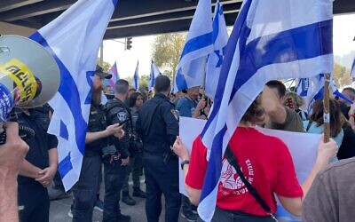 Parents and children block Tel Aviv's Namir thoroughfare during protests against the judicial overhaul, March 1, 2023 (Times of Israel)
