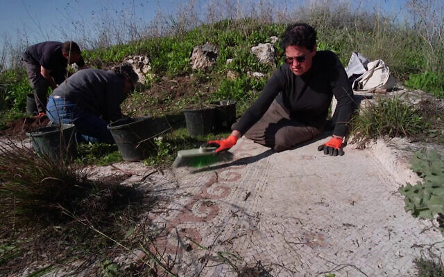 Volunteers clean the mosaic floor at Horvat El-Bira near Shoham during Good Deeds Day on March 14, 2023. (Emil Algam/IAA)