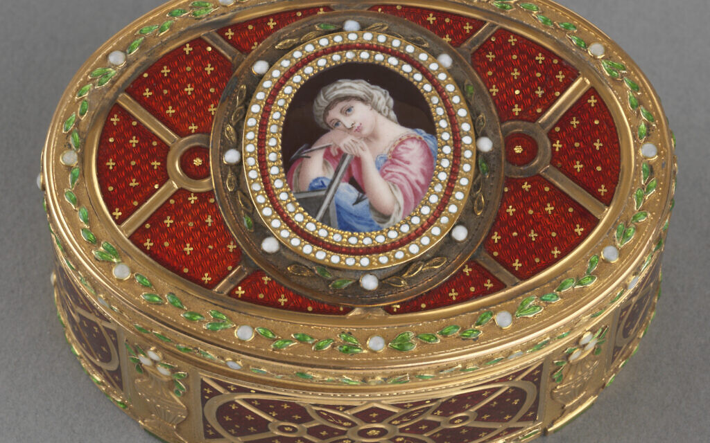 Snuffbox presented to Queen Mary by Mozelle Sassoon, Christmas 1934; made in Paris, circa 1762–68, sablé gold with pearls, opals, and enamel. (Lent by His Majesty King Charles III/ Photo Credit: Royal Collection Trust/© His Majesty King Charles III 2023)