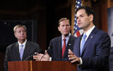 Sen. Marco Rubio, R-Fla., right, speaks during a news conference on the violence in the Mideast on Capitol Hill in Washington, Thursday, July 24, 2014. Standing with Rubio is Sen. Lindsey Graham, R-S.C., left, and Sen. Richard Blumenthal, D-Conn., center. (AP Photo)