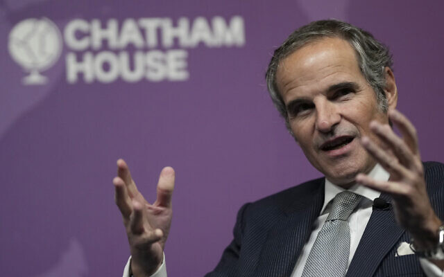 Director General of the Atomic Energy Agency Rafael Marino Grossi speaks at an event at Chatham House in London, February 7, 2023. (Alastair Grant/AP) Director General of the Atomic Energy Agency Rafael Marino Grossi speaks at an event at Chatham House in London, February 7, 2023. (Alastair Grant/AP)