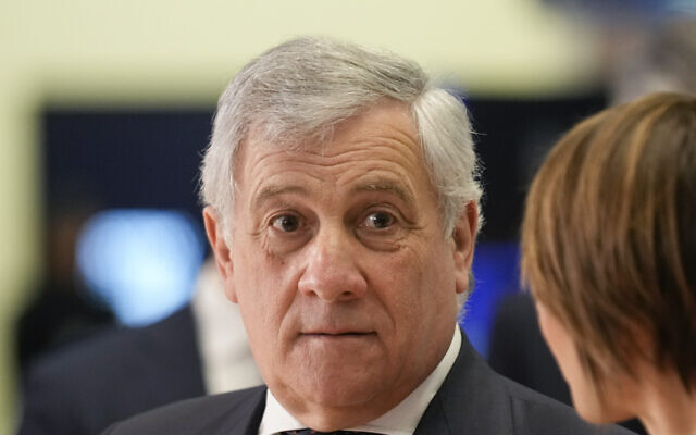 Italy's Foreign Minister Antonio Tajani speaks to a reporter on the floor at the New York Stock Exchange in New York, Feb. 22, 2023. (AP Photo/Seth Wenig) Italy's Foreign Minister Antonio Tajani speaks to a reporter on the floor at the New York Stock Exchange in New York, Feb. 22, 2023. (AP Photo/Seth Wenig)