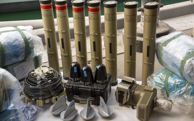 In this photo from the US Army, anti-tank missiles and medium-range ballistic missile components seized by the United Kingdom Royal Navy, at an undisclosed location in the Middle East on Feb. 26, 2023. (Sgt. Brandon Murphy/U.S. Army via AP) In this photo from the US Army, anti-tank missiles and medium-range ballistic missile components seized by the United Kingdom Royal Navy, at an undisclosed location in the Middle East on Feb. 26, 2023. (Sgt. Brandon Murphy/U.S. Army via AP)