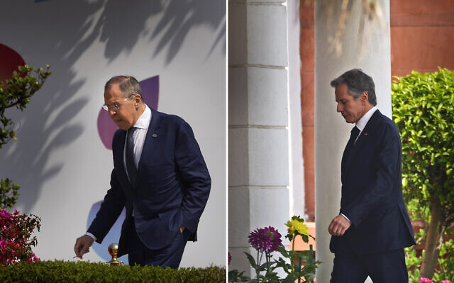 This combination of photos shows US Secretary of State Antony Blinken, right, and Russian Foreign Minister Sergey Lavrov, left, walk to attend second session of the G20 foreign ministers' meeting, respectively, in New Delhi, India, March 2, 2023. (AP/Manish Swarup) This combination of photos shows US Secretary of State Antony Blinken, right, and Russian Foreign Minister Sergey Lavrov, left, walk to attend second session of the G20 foreign ministers' meeting, respectively, in New Delhi, India, March 2, 2023. (AP/Manish Swarup)