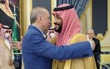 File: Turkish President Recep Tayyip Erdogan (left) hugs Saudi Arabia's Crown Prince Mohammed bin Salman before a meeting in Jeddah, Saudi Arabia, April 28, 2022. (Bandar Aljaloud/Saudi Royal Palace via AP)