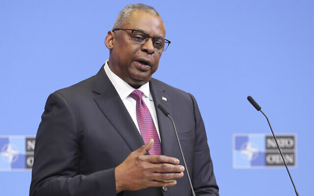 United States Secretary of Defense Lloyd Austin reads a statement at NATO headquarters in Brussels, February 15, 2023. (AP Photo/Olivier Matthys, File) United States Secretary of Defense Lloyd Austin reads a statement at NATO headquarters in Brussels, February 15, 2023. (AP Photo/Olivier Matthys, File)