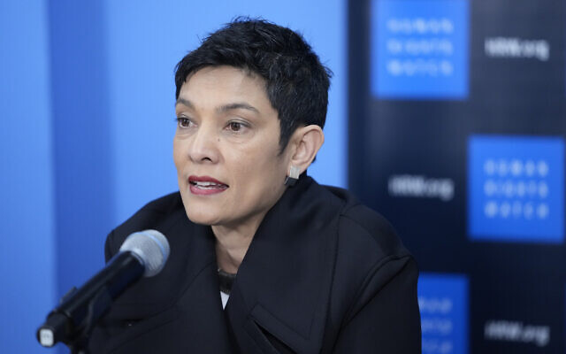 Tirana Hassan, Executive Director of Human Rights Watch, speaks during a news conference at the UN headquarters in New York City, March 9, 2023. (AP/Mary Altaffer) Tirana Hassan, Executive Director of Human Rights Watch, speaks during a news conference at the UN headquarters in New York City, March 9, 2023. (AP/Mary Altaffer)
