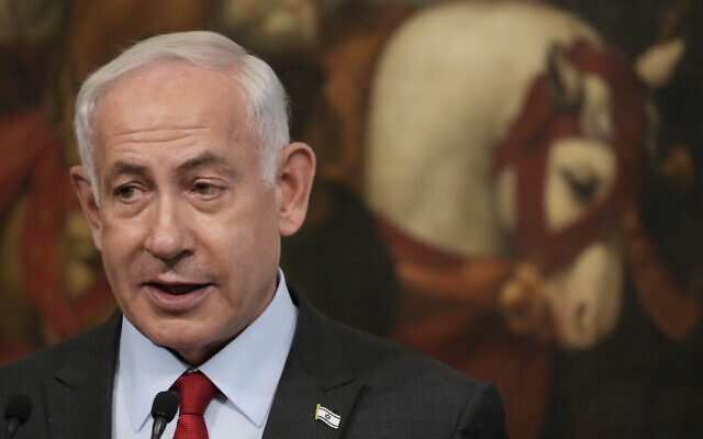 Prime Minister Benjamin Netanyahu attends a joint press conference with Italian Premier Giorgia Meloni at Chigi Palace government offices in Rome, Friday, March 10, 2023. (AP Photo/Andrew Medichini) Prime Minister Benjamin Netanyahu attends a joint press conference with Italian Premier Giorgia Meloni at Chigi Palace government offices in Rome, Friday, March 10, 2023. (AP Photo/Andrew Medichini)