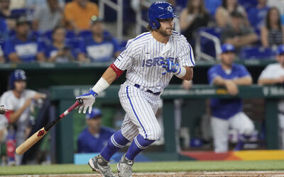 Israel's Noah Mendlinger hits during the second inning of a World Baseball Classic game, March 12, 2023, in Miami, Florida. (AP/ Marta Lavandier)