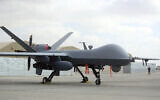 A US MQ-9 drone is on display during an air show at Kandahar Airfield, Afghanistan, January 23, 2018. (Massoud Hossaini/AP)