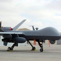 A US MQ-9 drone is on display during an air show at Kandahar Airfield, Afghanistan, January 23, 2018. (Massoud Hossaini/AP)