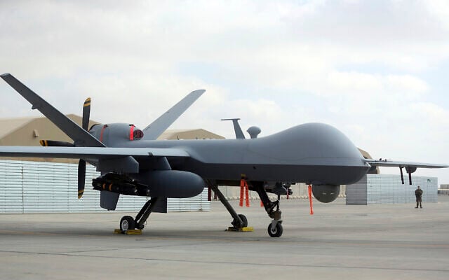 A US MQ-9 drone is on display during an air show at Kandahar Airfield, Afghanistan, January 23, 2018. (Massoud Hossaini/AP) A US MQ-9 drone is on display during an air show at Kandahar Airfield, Afghanistan, January 23, 2018. (Massoud Hossaini/AP)