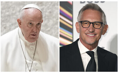 In this combination of photos, Pope Francis, left, arrives for an audience with members of Roman Universities and Pontifical Institutions at the Vatican on February 25, 2023, and BBC sportscaster Gary Lineker attends the GQ Men of The Year Awards, at the Tate Modern, in London, on September 1, 2021. (AP Photo) In this combination of photos, Pope Francis, left, arrives for an audience with members of Roman Universities and Pontifical Institutions at the Vatican on February 25, 2023, and BBC sportscaster Gary Lineker attends the GQ Men of The Year Awards, at the Tate Modern, in London, on September 1, 2021. (AP Photo)