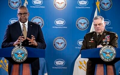 Secretary of Defense Lloyd Austin, left, accompanied by Chairman of the Joint Chiefs, Gen. Mark Milley, speaks during a briefing at the Pentagon in Washington, Wednesday, March 15, 2023. (AP/Andrew Harnik) Secretary of Defense Lloyd Austin, left, accompanied by Chairman of the Joint Chiefs, Gen. Mark Milley, speaks during a briefing at the Pentagon in Washington, Wednesday, March 15, 2023. (AP/Andrew Harnik)