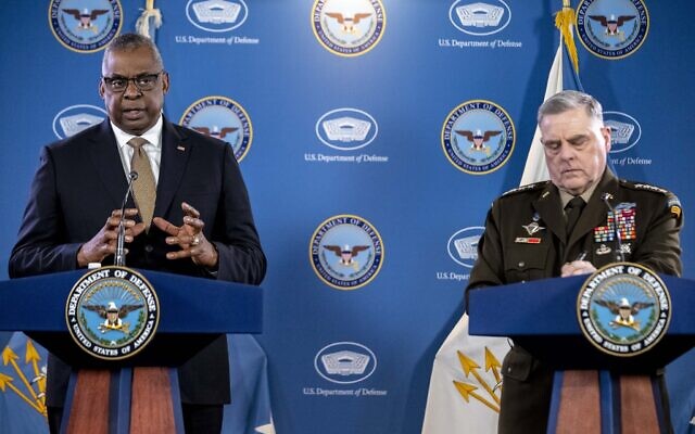 Secretary of Defense Lloyd Austin, left, accompanied by Chairman of the Joint Chiefs, Gen. Mark Milley, speaks during a briefing at the Pentagon in Washington, Wednesday, March 15, 2023. (AP/Andrew Harnik) Secretary of Defense Lloyd Austin, left, accompanied by Chairman of the Joint Chiefs, Gen. Mark Milley, speaks during a briefing at the Pentagon in Washington, Wednesday, March 15, 2023. (AP/Andrew Harnik)