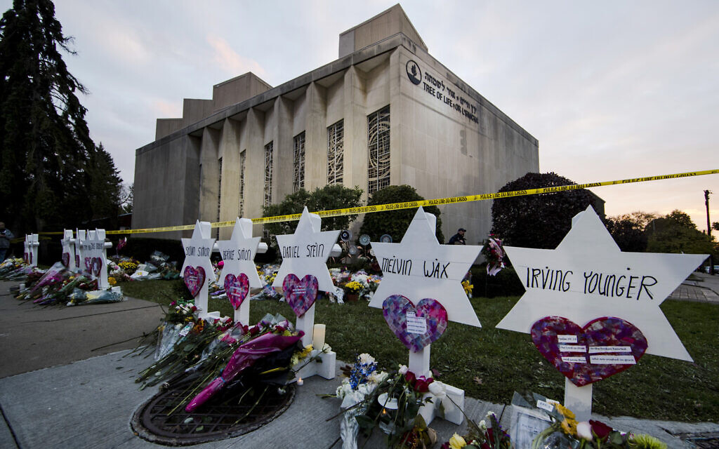 A makeshift memorial stands outside the Tree of Life Synagogue in the aftermath of a deadly shooting in Pittsburgh, October 29, 2018. (AP Photo/Matt Rourke, File) A makeshift memorial stands outside the Tree of Life Synagogue in the aftermath of a deadly shooting in Pittsburgh, October 29, 2018. (AP Photo/Matt Rourke, File)