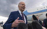 US President Joe Biden speaks to reporters before boarding Air Force One at Raleigh-Durham International Airport in Morrisville, North Carolina, March 28, 2023, en route to Washington. (AP Photo/Carolyn Kaster)