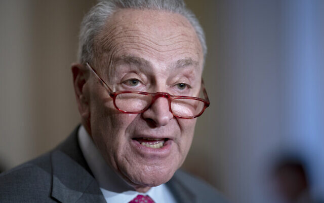 Senate Majority Leader Chuck Schumer, D-N.Y., speaks to reporters during a news conference outside of the chamber, at the Capitol in Washington, Tuesday, March 28, 2023.   (AP Photo/J. Scott Applewhite)