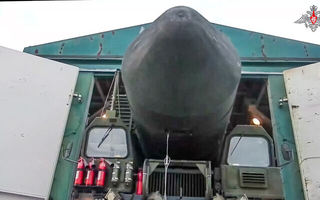 This photo made from video provided by the Russian Defense Ministry Press Service on Wednesday, March 29, 2023, shows a Yars missile launcher of the Russian armed forces being driven from a shelter in an undisclosed location in Russia. (Russian Defense Ministry Press Service via AP) This photo made from video provided by the Russian Defense Ministry Press Service on Wednesday, March 29, 2023, shows a Yars missile launcher of the Russian armed forces being driven from a shelter in an undisclosed location in Russia. (Russian Defense Ministry Press Service via AP)