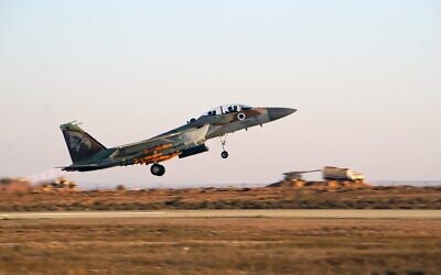File: An IAF F-15I fighter jet of the 69th squadron takes off from Hatzerim Airbase in southern Israel, during a pilots graduation ceremony, June 22, 2022. (Emanuel Fabian/Times of Israel)