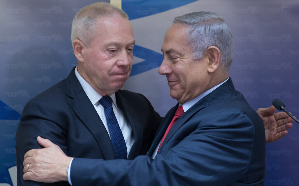 Prime Minister Benjamin Netanyahu (right) and then-immigrant absorption minister Yoav Gallant hold a press conference at the Knesset, January 9, 2019. (Noam Revkin Fenton/ Flash90/ File) Prime Minister Benjamin Netanyahu (right) and then-immigrant absorption minister Yoav Gallant hold a press conference at the Knesset, January 9, 2019. (Noam Revkin Fenton/ Flash90/ File)