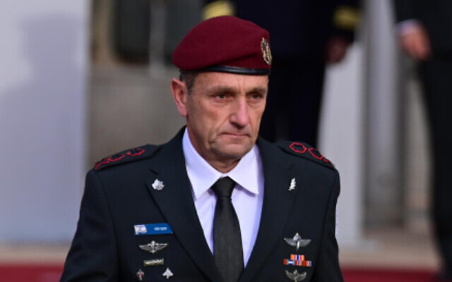 IDF chief of staff Herzi Halevi assumes the military's top post at a swearing-in ceremony at IDF Headquarters in Tel Aviv, January 16, 2023 (Tomer Neuberg/Flash90) IDF chief of staff Herzi Halevi assumes the military's top post at a swearing-in ceremony at IDF Headquarters in Tel Aviv, January 16, 2023 (Tomer Neuberg/Flash90)