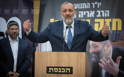 Aryeh Deri speaks during a Shas party faction meeting at the Knesset in Jerusalem, on January 23, 2023. (Yonatan Sindel/Flash90)