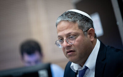 National Security Minister Itamar Ben Gvir at a Defense and Foreign Affairs Committee meeting at the Knesset in Jerusalem on February 15, 2023 (Yonatan Sindel/Flash90)