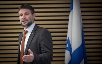 Israeli Minister of Finance Bezalel Smotirch holds a press conference in Jerusalem on February 28, 2023. (Yonatan Sindel/Flash90)