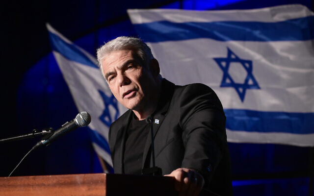 Opposition leader Yair Lapid speaks at a rally against the judicial overhaul in Herzliya, on March 4, 2023. (Avshalom Sassoni/Flash90)
