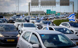 Protesters block the entrance roads at Ben Gurion Airport near Tel Aviv, March 9, 2023 (Erik Marmor/Flash90)