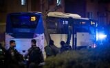 Israeli security forces at the scene where a makeshift bomb was found on a bus, in the West Bank settlement of Beitar Illit, March 10, 2023. (Yonatan Sindel/Flash90)