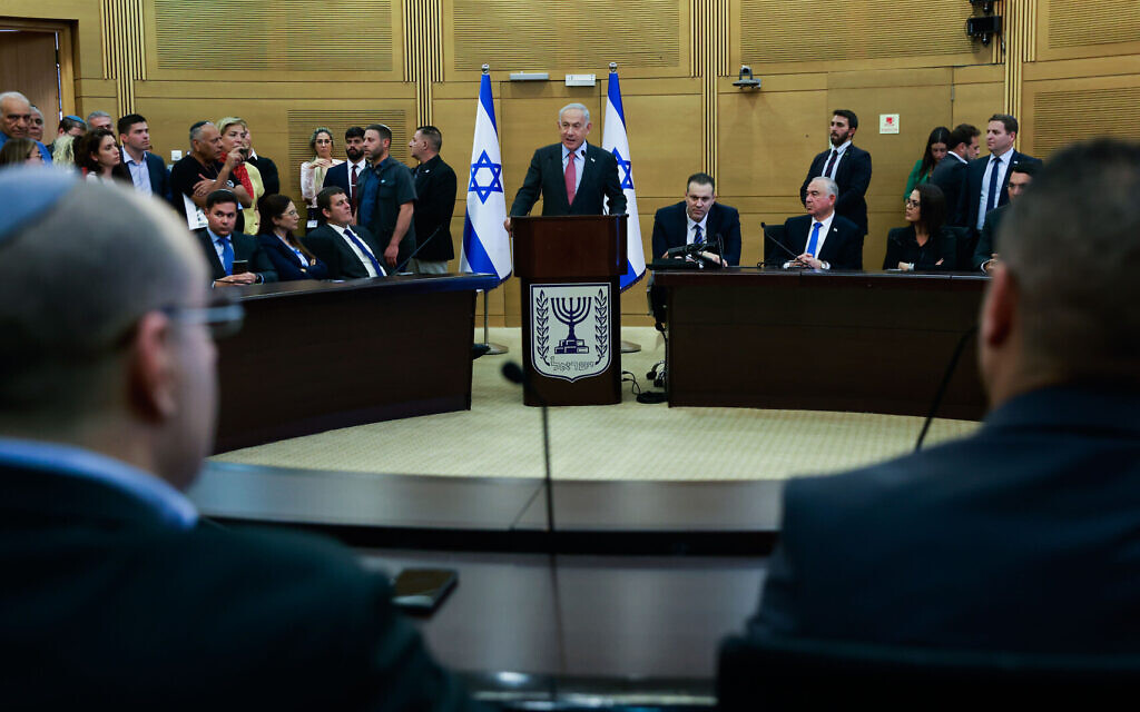 Prime Minister Benjamin Netanyahu leads a Likud Knesset faction meeting, March 13, 2023. (Erik Marmor/Flash90) Prime Minister Benjamin Netanyahu leads a Likud Knesset faction meeting, March 13, 2023. (Erik Marmor/Flash90)
