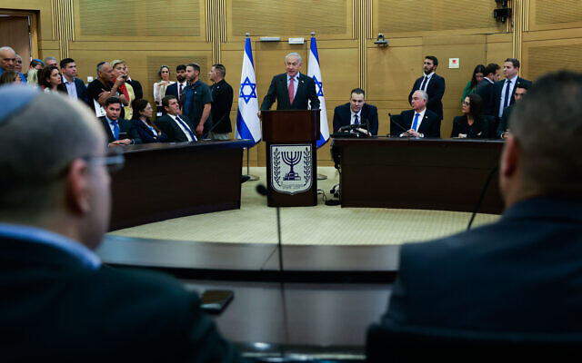 Prime Minister Benjamin Netanyahu leads a Likud Knesset faction meeting, March 13, 2023. (Erik Marmor/Flash90)
