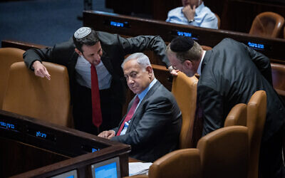 Prime Minister Benjamin Netanyahu in the Knesset on March 13, 2023. (Yonatan Sindel/Flash90)