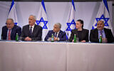 From right to left: Ra'am leader Mansour Abbas, Labor leader Merav Michaeli, Yesh Atid leader Yair Lapid, National Unity leader MK Benny Gant and Yisrael Beyteneu leader Avigdor Liberman hold a joint press conference in Tel Aviv, on March 16, 2023. (Avshalom Sassoni/Flash90)