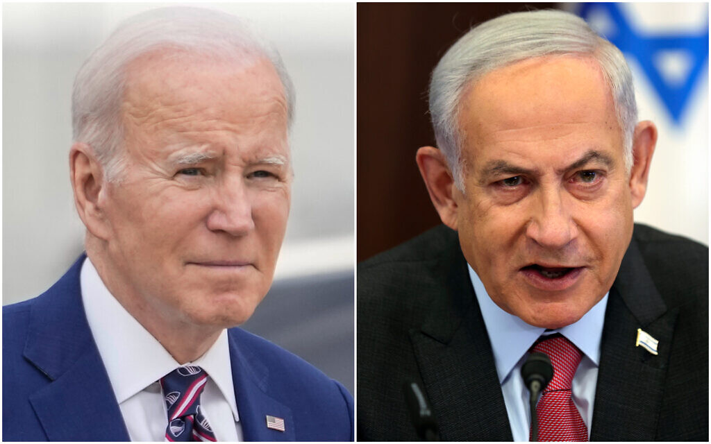 Left: US President Joe Biden at Raleigh-Durham International Airport in Morrisville, North Carolina, March 28, 2023. (AP/Carolyn Kaster); Right: Prime Minister Benjamin Netanyahu attends a weekly cabinet meeting in Jerusalem on March 19, 2023. (Abir Sultan/Pool photo via AP)