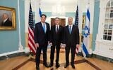 File: (Left to right) Strategic Affairs Minister Ron Dermer, US Secretary of State Antony Blinken and National Security Council chairman Tzachi Hanegbi at the State Department in Washington on March 7, 2023. (Antony Blinken/Twitter)