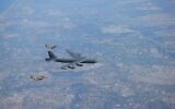 Israeli F-16 fighter jets escort an American B-52 bomber through Israeli airspace on March 12, 2022. (Israel Defense Forces)