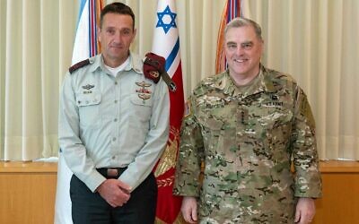 This handout photo from March 3, 2023, shows IDF Chief of Staff Herzi Halevi, left, meeting with visiting Gen. Mark Milley, the chairman of the US Joint Chiefs of Staff. (Israel Defense Forces)
