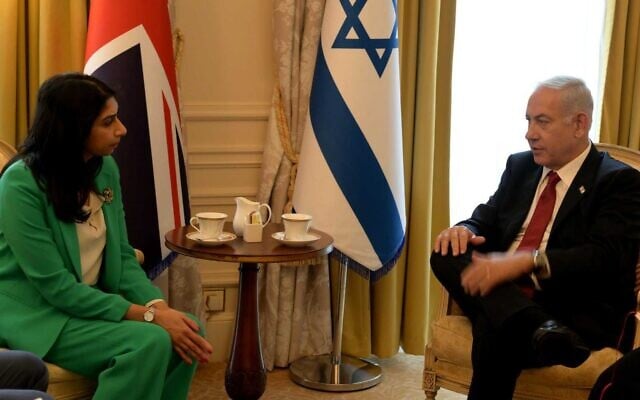 Prime Minister Benjamin Netanyahu meets with UK Home Secretary Suella Braverman, in London, March 24, 2023. (Avi Ohayon/GPO) Prime Minister Benjamin Netanyahu meets with UK Home Secretary Suella Braverman, in London, March 24, 2023. (Avi Ohayon/GPO)